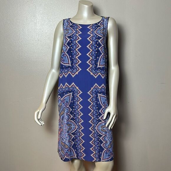 J. Jill Orange majestic blue Paisley rayon Shift Dress small petite Sleeveless - Picture 2 of 14